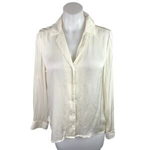 Quince Women's Cream Silk Long Sleeve Collared Button Down Shirt Top Size M